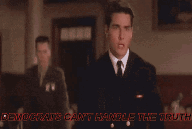 a close up of a man 's face with the words " democrats can 't handle the truth " above him