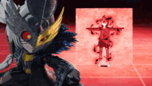 a cartoon character with red eyes is standing in front of a red box