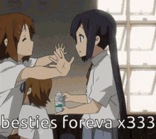 a group of anime girls giving each other a high five with the words besties foreva x333