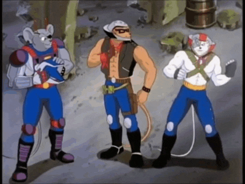 a group of cartoon characters are standing next to each other on a street .