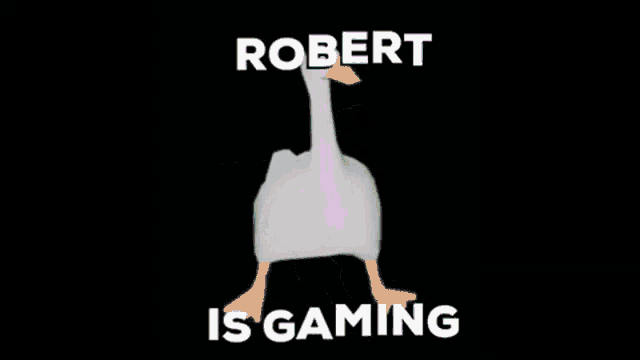 a white goose with blue feet is walking on a black background with the words robert is gaming .