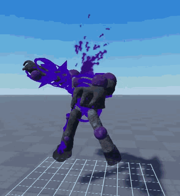 a computer generated image of a robot with purple paint coming out of it 's body .
