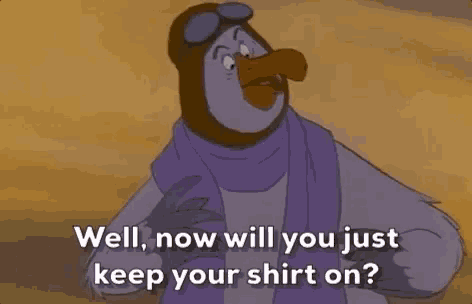 a cartoon bird is wearing a scarf and goggles and says `` well , now will you just keep your shirt on '' .