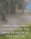 a dog is walking down a dirt road next to a car in the rain .