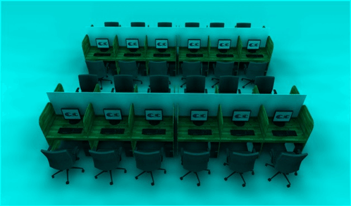 a row of computer cubicles with the letters cc on their screens