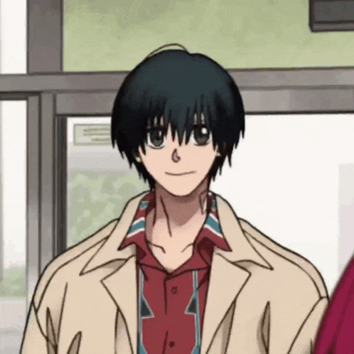 a cartoon character with black hair is wearing a tan jacket