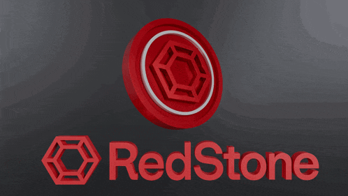 a red stone logo with a coin in the middle