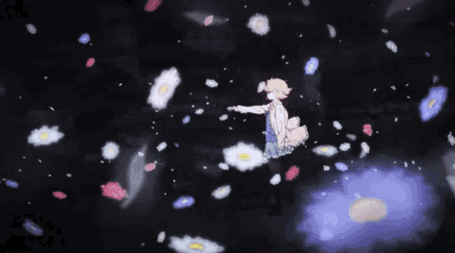 a girl is standing in a field of flowers and petals