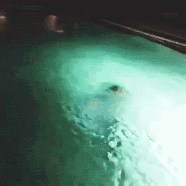 a person is swimming in a pool with a green light behind them