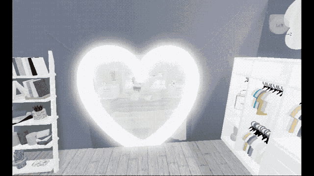 a room with a heart shaped mirror and a shelf with the letter n on it