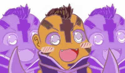 a pixel art drawing of a man with a cross on his face surrounded by purple heads .