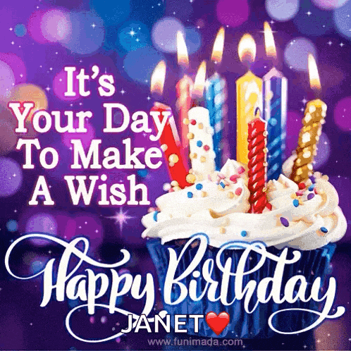 a happy birthday card with a cupcake and candles