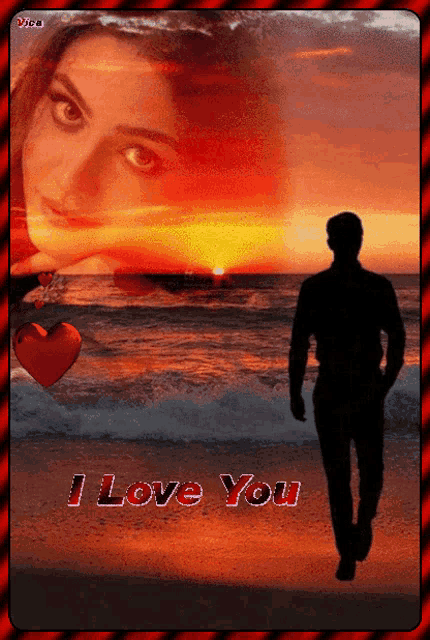 a picture of a man walking on a beach with the words i love you