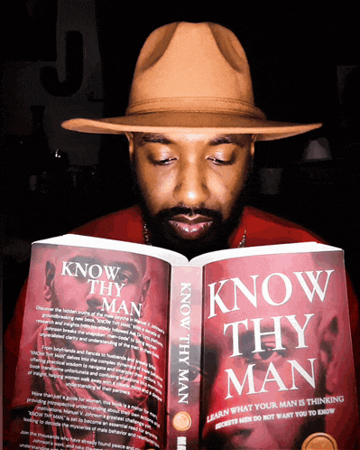 a man wearing a hat is reading a book called know thy man