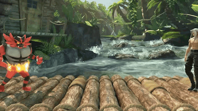 a video game scene with a man and a monster on a log bridge