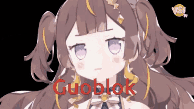 a cartoon of a girl with the word guoblok in red letters