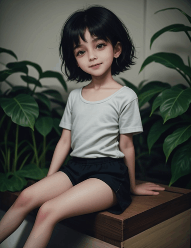 a little girl wearing shorts and a white shirt is sitting on a wooden box