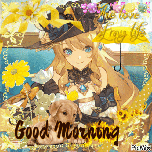 a picture of a girl and a puppy with the words good morning on it
