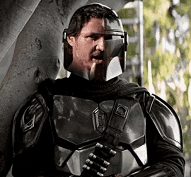 a man in armor is leaning against a tree holding a gun
