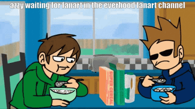 two cartoon characters sitting at a table with bowls of cereal and a box of super spiral cereal