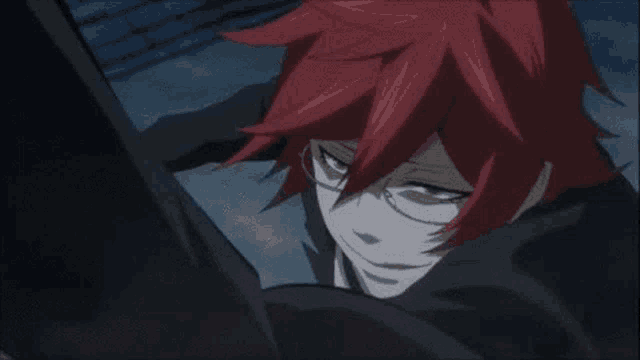 a close up of a red haired anime character with glasses .