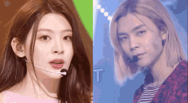 a woman singing into a microphone next to a man with long hair