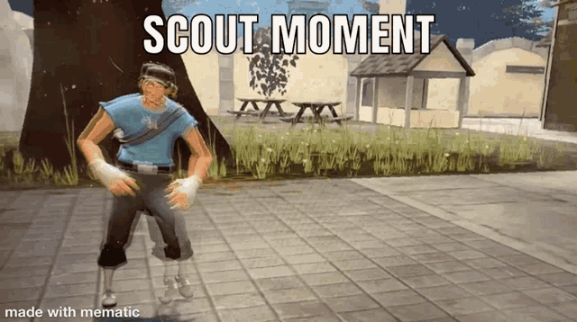 a man in a blue shirt is standing in front of a picnic table with the words scout moment written above him