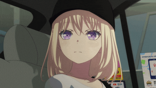 a girl with purple eyes is sitting in a car