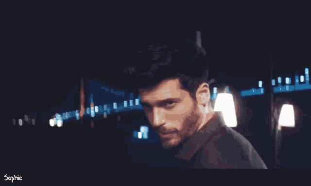 a man with a beard is looking at the camera with sophie written on the bottom of the screen