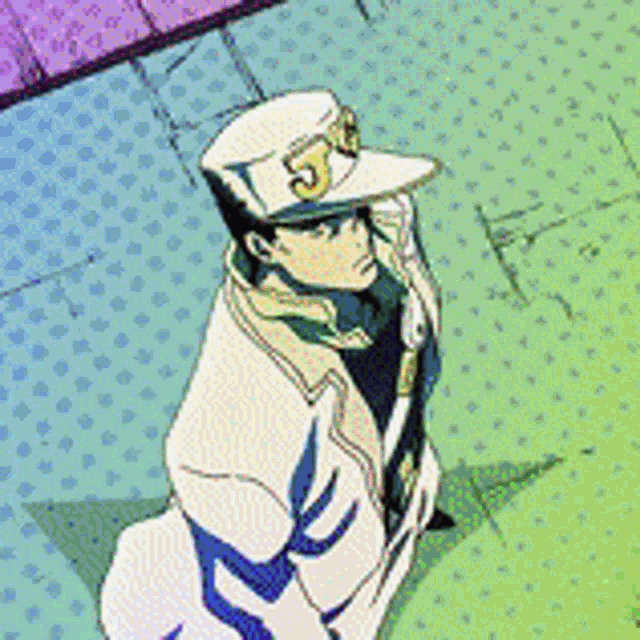 a man wearing a hat and a jacket is standing on a rainbow colored floor .
