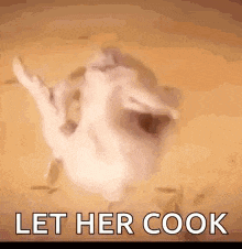 a chicken is laying on its back with its mouth open and the words `` let her cook '' .