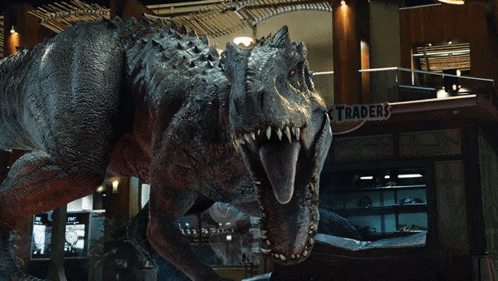 a large dinosaur is standing in front of a traders store