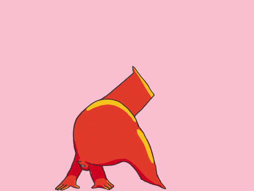 a red cartoon character is doing a handstand