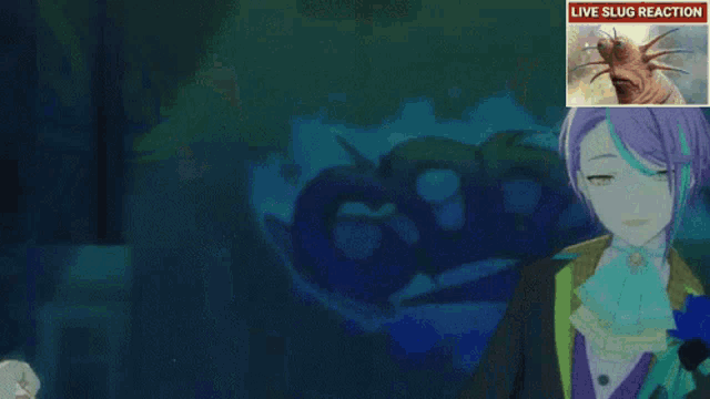 a couple of anime characters standing next to each other with a live slug reaction on the bottom