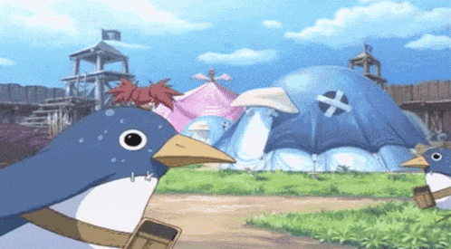 a blue penguin with a yellow beak is standing in front of a blue dome with a cross on it