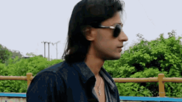 a man wearing sunglasses and a blue shirt stands in front of a wooden fence