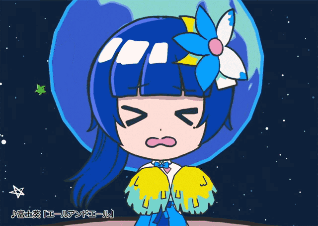 a cartoon girl with blue hair and a flower in her hair
