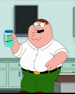 peter griffin from family guy is holding a bottle of sprite