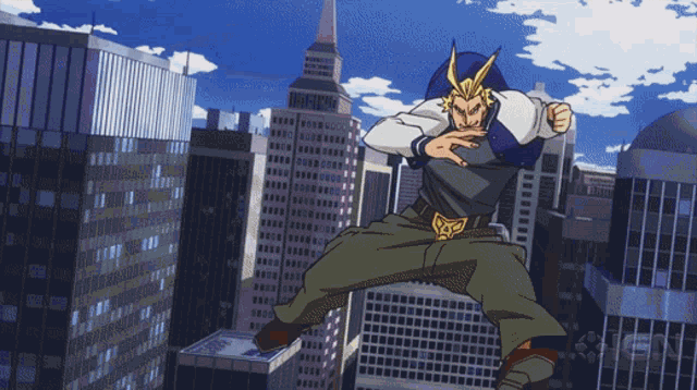 a cartoon character is jumping in the air with a building in the background that says nyc