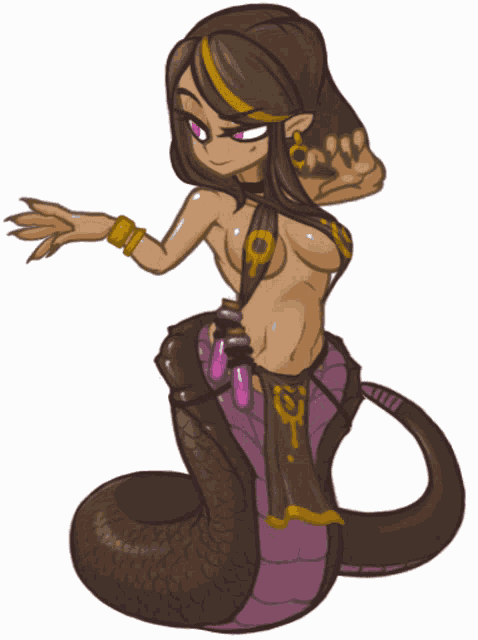 a cartoon drawing of a woman with a snake around her neck