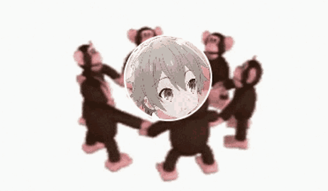 a group of stuffed monkeys are dancing in a circle around a girl 's head .