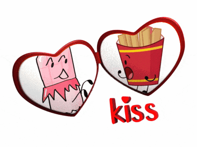 a picture of two hearts with the word kiss on the bottom right