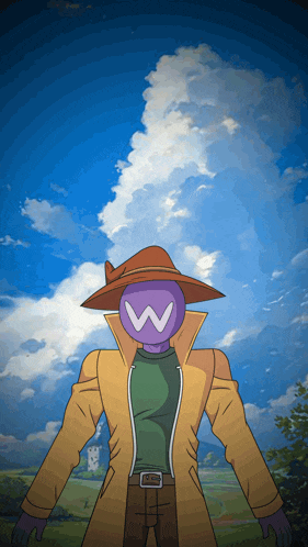 a cartoon character with a purple head and a brown hat with the letter w on it
