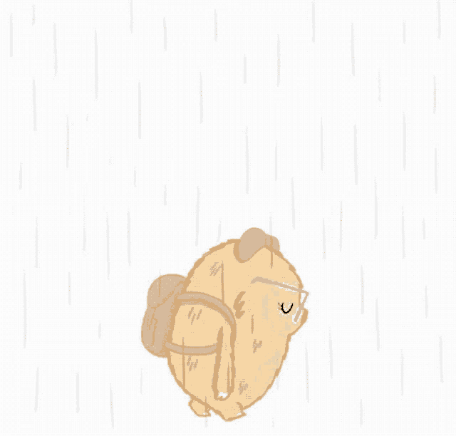 a cartoon hamster wearing glasses and a backpack is standing in the rain