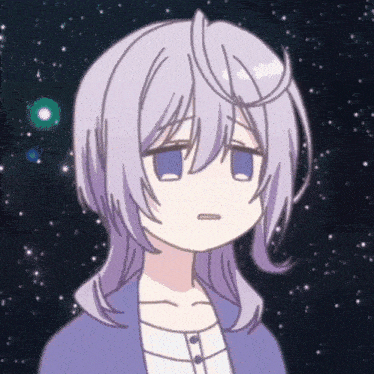 a drawing of a girl with purple hair and a blue shirt