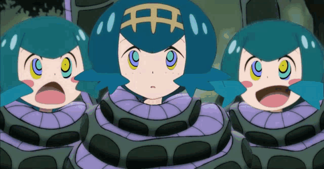 three cartoon characters with blue hair and yellow eyes are wrapped in a purple snake