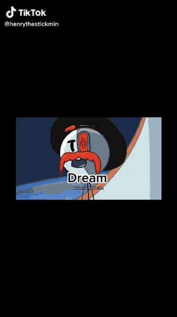 a cartoon character with a mustache and red eyes is standing next to a wall with the words dream written on it .