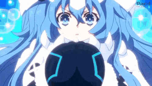 a girl with blue hair is holding a black object in her hands