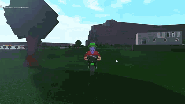 a man in a green hat is riding a motorcycle