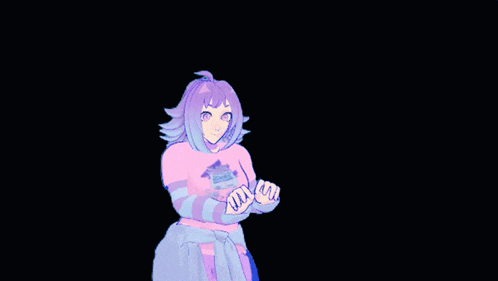 a girl with purple hair is wearing a pink shirt that says " i love you " on it